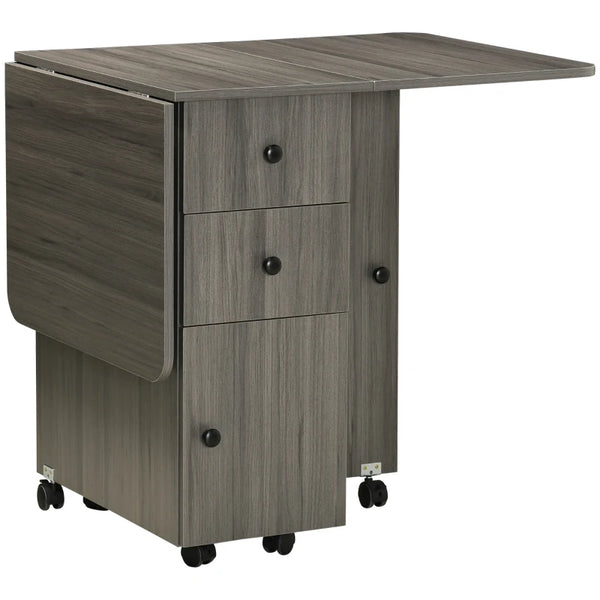 Grey Folding Dining Table with Storage Drawers and Wheels
