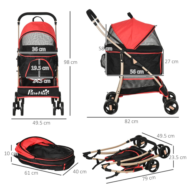 Red 3-in-1 Detachable Pet Stroller for Extra Small and Small Dogs