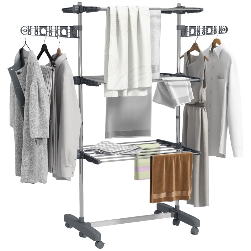 Grey 3-Tier Folding Clothes Drying Rack with Side Arms and Wheels