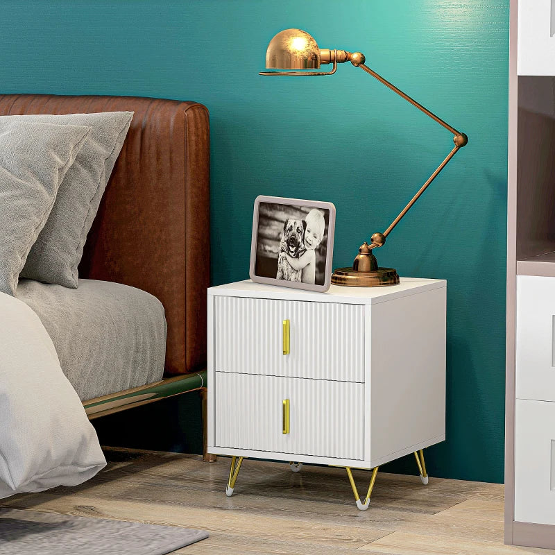 White 2-Drawer Metal Frame Bedside Table With Gold Legs