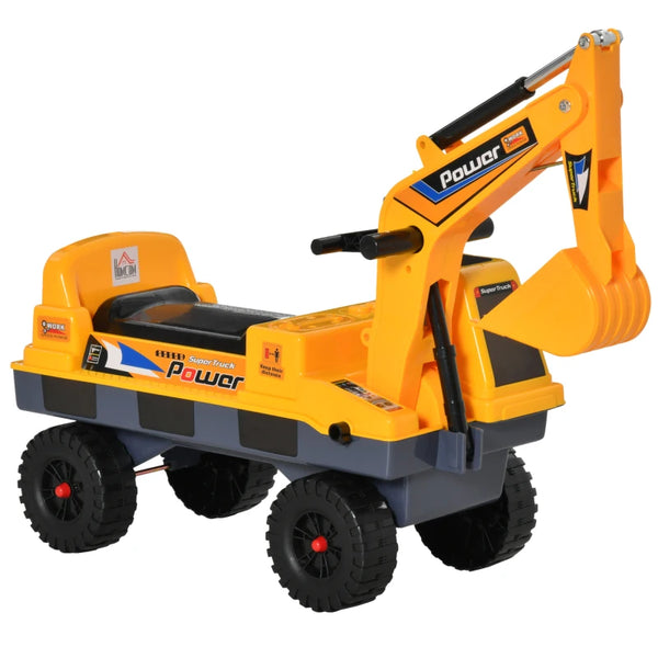 Kids Yellow Ride-On Excavator with Detachable Digging Bucket and Grab Bucket