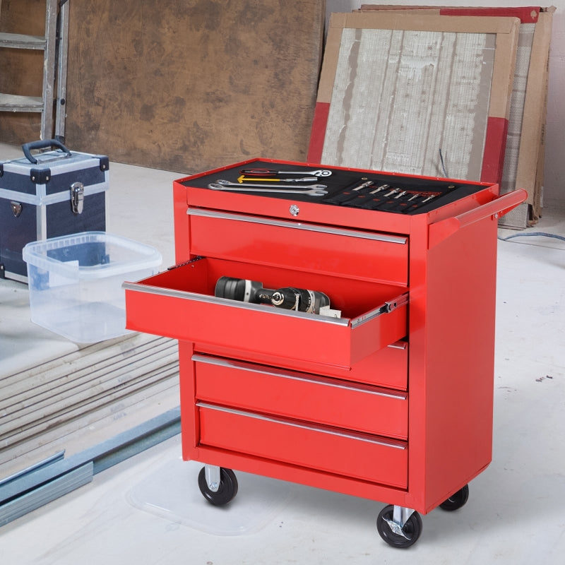 Red 5-Drawer Tool Cabinet Storage Box with Wheels and Handle