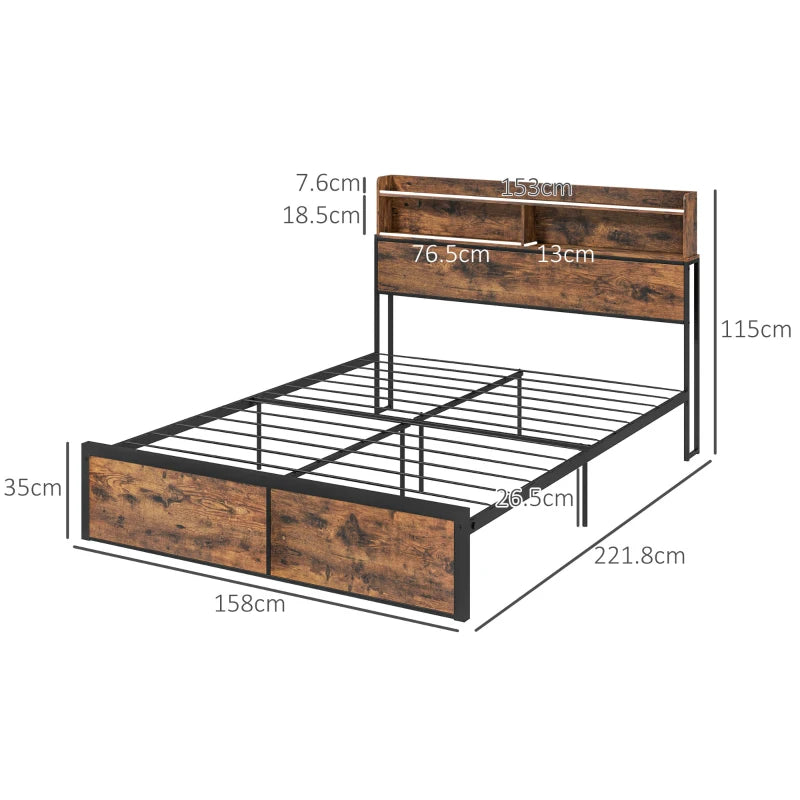 Rustic Brown Steel King Bed Frame with Storage, 5.2FT - Slatted Support, Headboard, Footboard, Under Bed Storage - 158 x 222cm