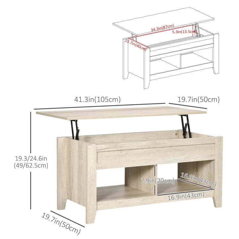 Oak Lift Top Coffee Table with Hidden Storage - Living Room Center Table