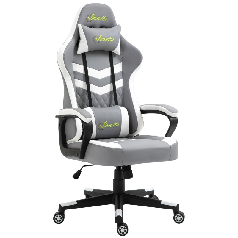 Grey White Gaming Chair with Lumbar Support and Swivel Wheels