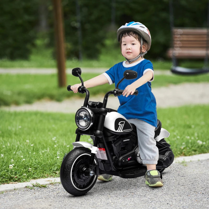 White 6V Electric Motorbike with Training Wheels, One-Button Start