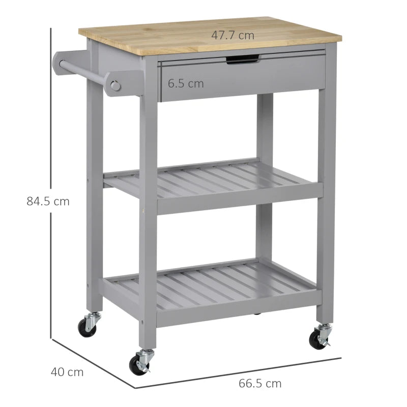 Grey Kitchen Utility Cart with Rubberwood Worktop and Storage