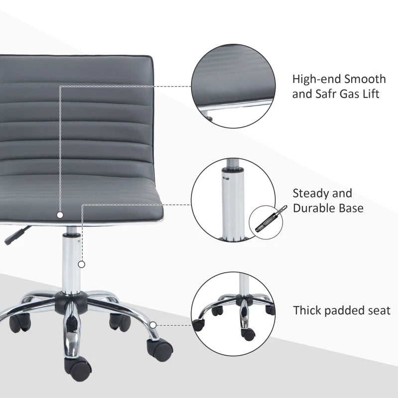 Dark Grey Armless Swivel Office Chair - PU Leather, Chrome Base