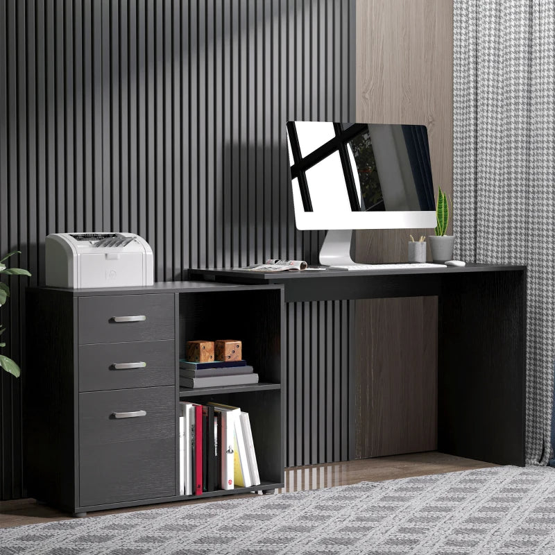 Black L-Shaped Corner Desk with Drawers and Storage Shelves