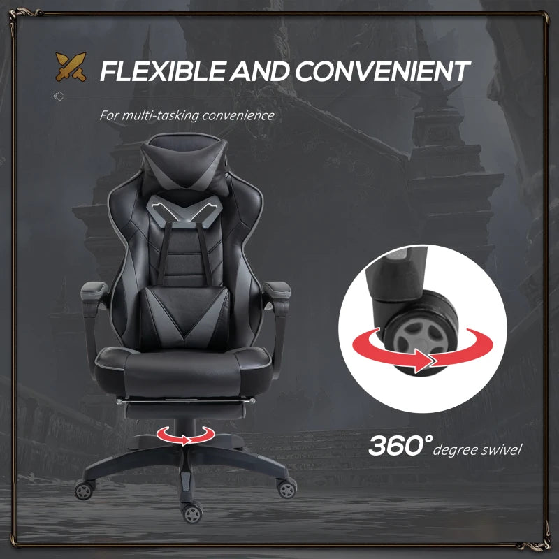 Grey Gaming Chair with Lumbar Support, Footrest, and Headrest