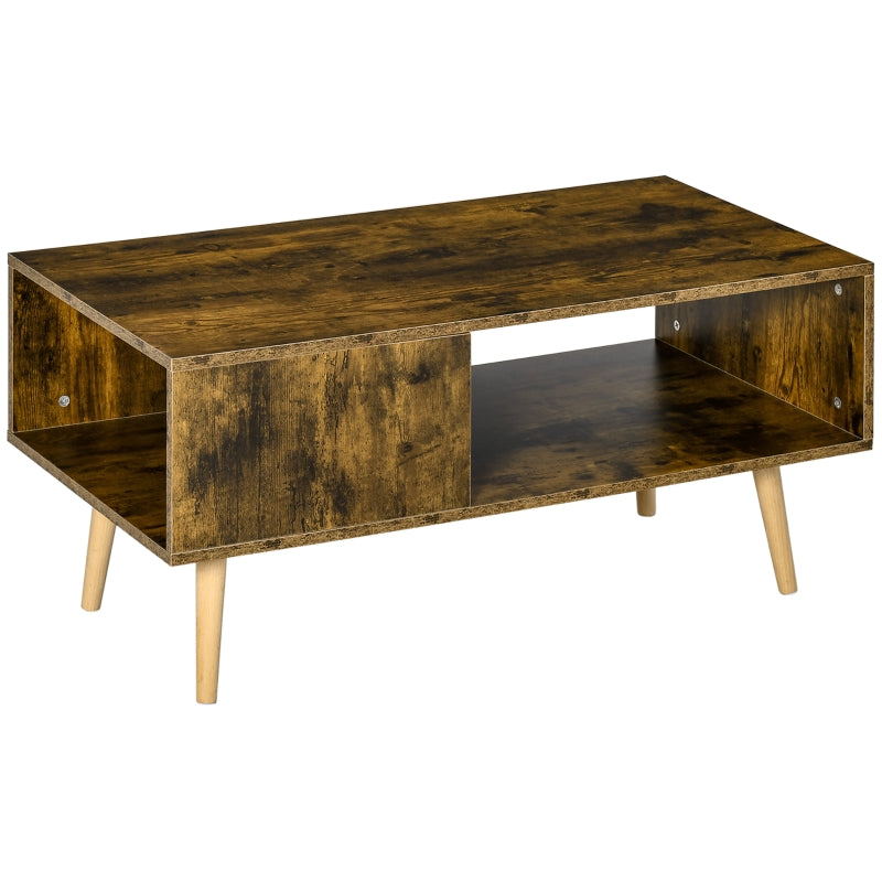 Rustic Brown Coffee Table with Open Storage Shelves and Solid Wood Legs