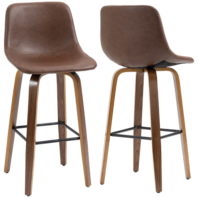 Brown PU Leather Bar Stools Set of 2 with Backs and Wood Legs