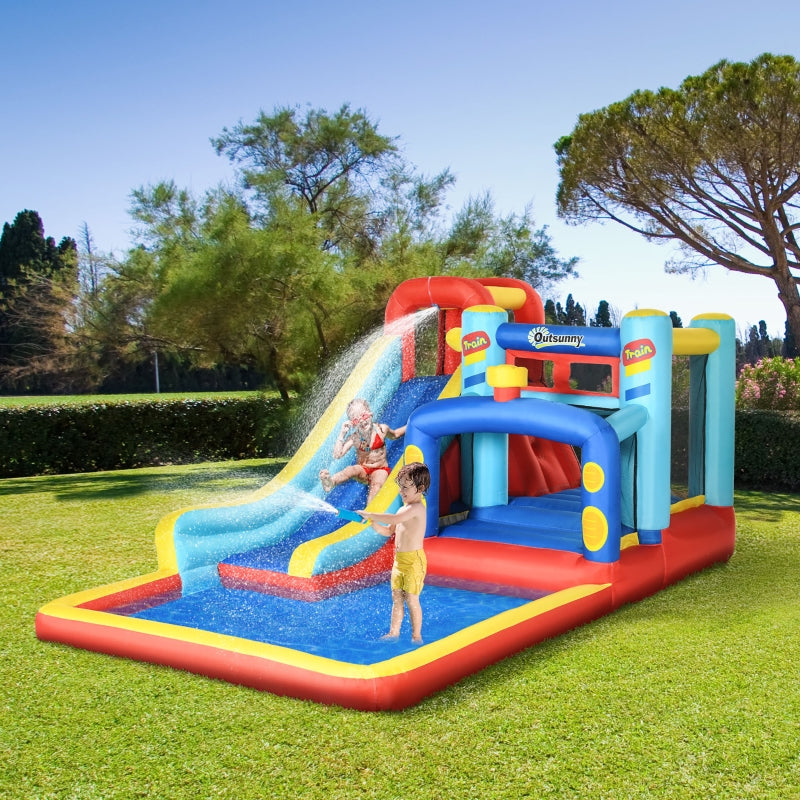 4-in-1 Multicoloured Bouncy Castle with Slide, Pool, Trampoline, Climbing Wall & Blower