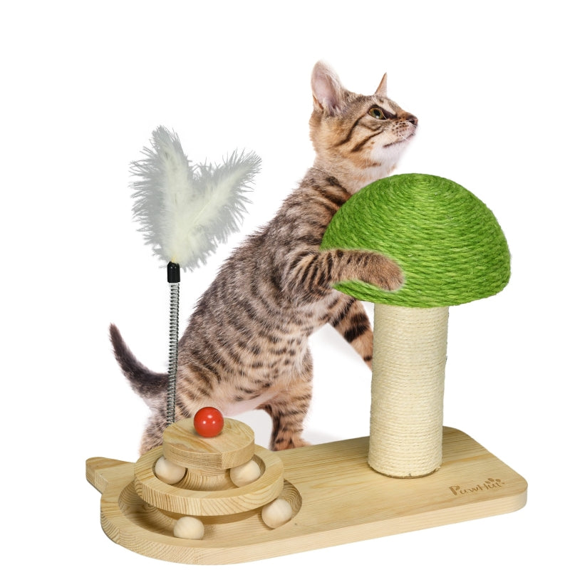 Cat Scratching Post with Toy Balls and Feather - Natural Tone