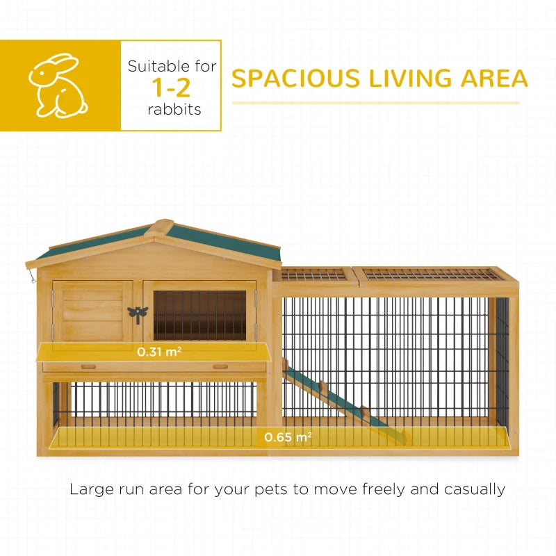 Yellow Outdoor Rabbit Hutch with Run, 2-Level Design, Water-Resistant Roof - 150 x 52.5 x 68 cm