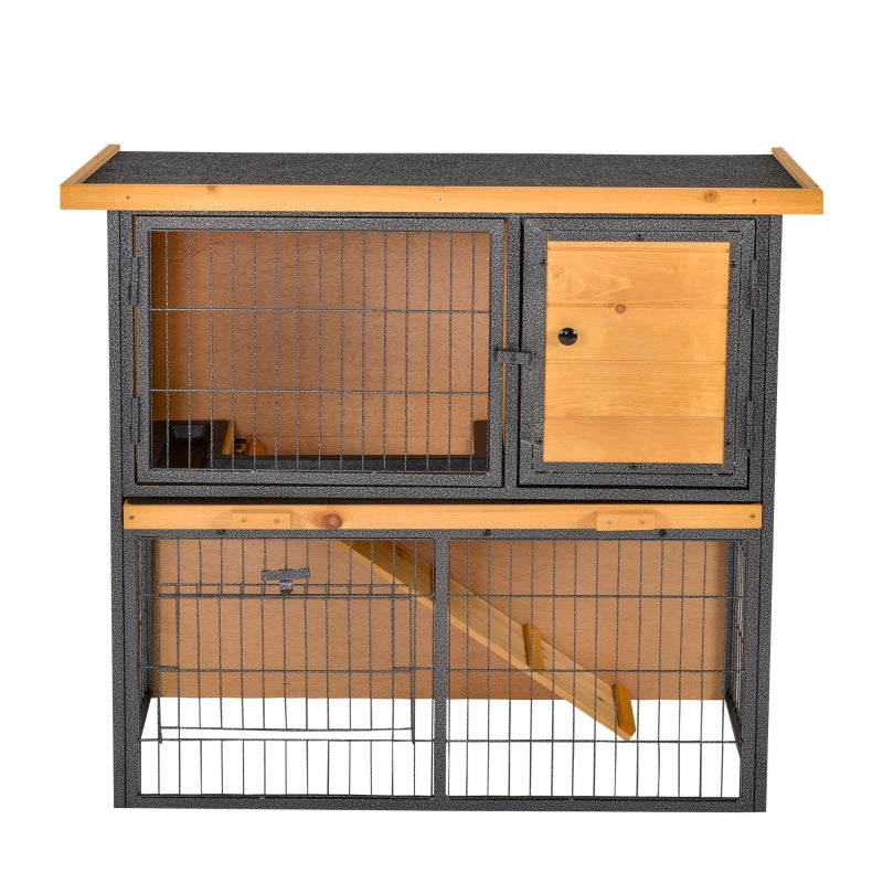 Small Pet Outdoor Hutch with Ramp and Roof, Light Yellow