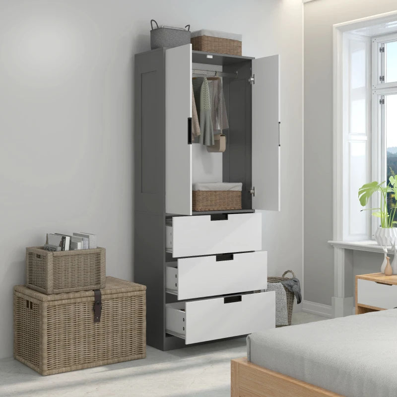 Grey 2-Door Wardrobe with Drawers and Hanging Rod for Bedroom