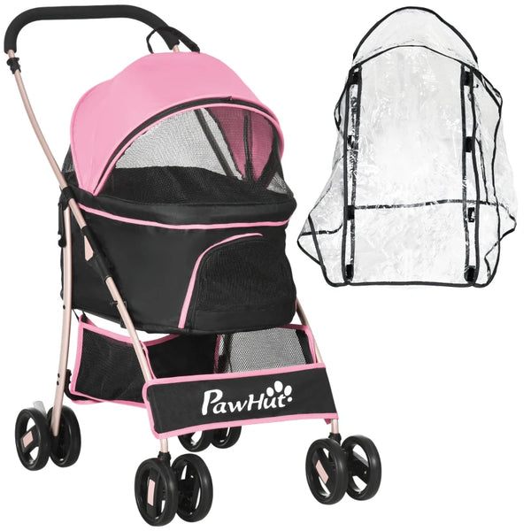 Pink Pet Stroller with Rain Cover - 3-in-1 Cat Dog Pushchair