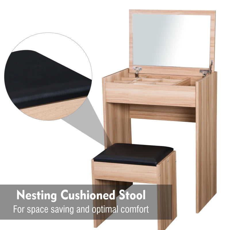 Wood Grain Dressing Table Set with Padded Stool and Flip-up Mirror