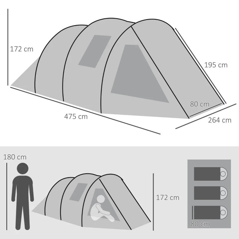 Green 3-4 Person Two-Room Tunnel Camping Tent with Windows and Carry Bag