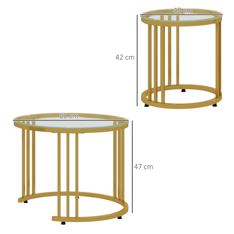 Gold Tone Round Glass Coffee Tables Set of 2, Steel Frame, 60cmx60cmx47cm