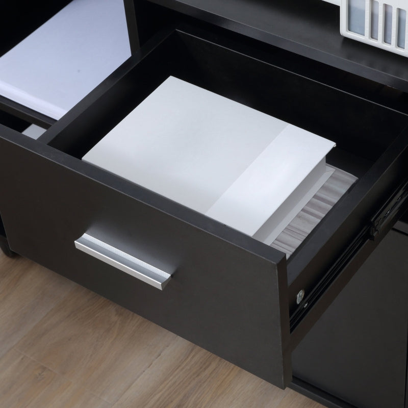 Black Mobile Filing Cabinet with Lockable Drawer and Open Shelves