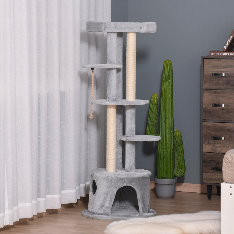 Grey Cat Tree Tower with Scratching Post and Plush Perches