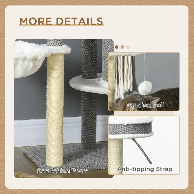 Cat Climbing Tower with Scratching Posts, Multi-level Cat Tree, 124cm - Grey