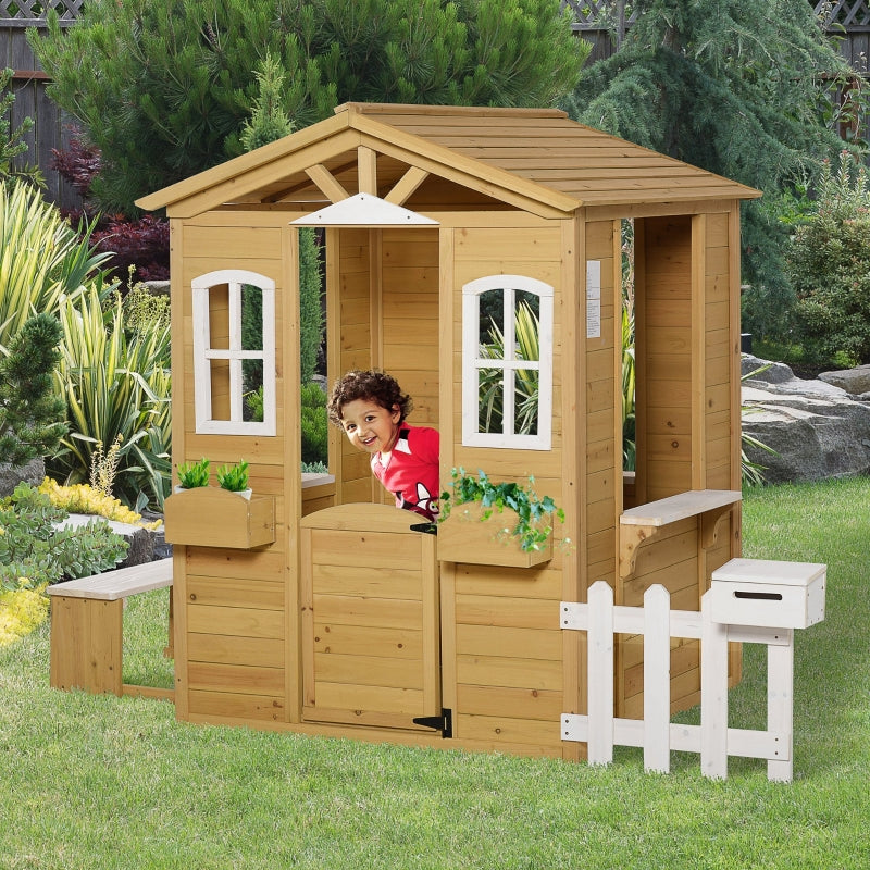 Wooden Outdoor Playhouse with Door and Windows - Natural