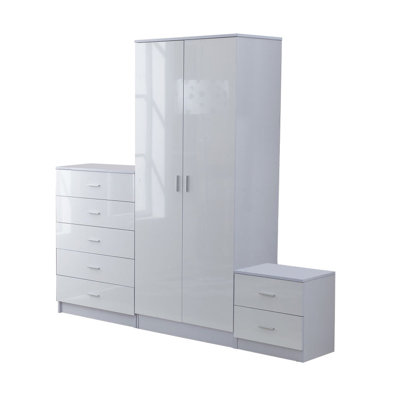 White High Gloss 3-Piece Bedroom Furniture Set: Wardrobe, Chest of Drawers, Bedside