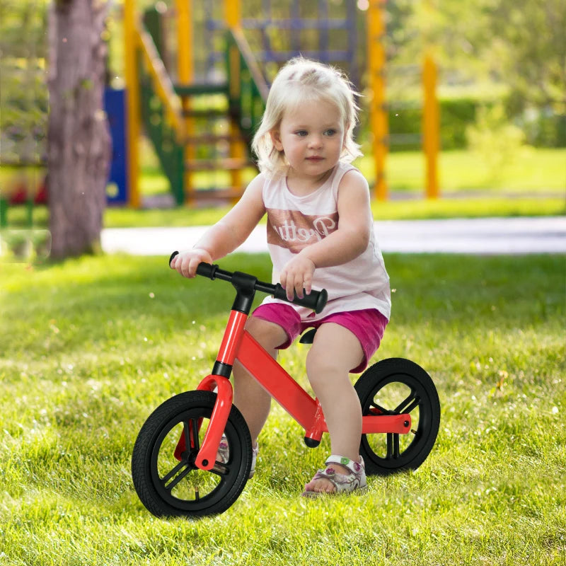 Red 12" Balance Bike for Kids - Adjustable Seat, 360° Rotation Handlebars