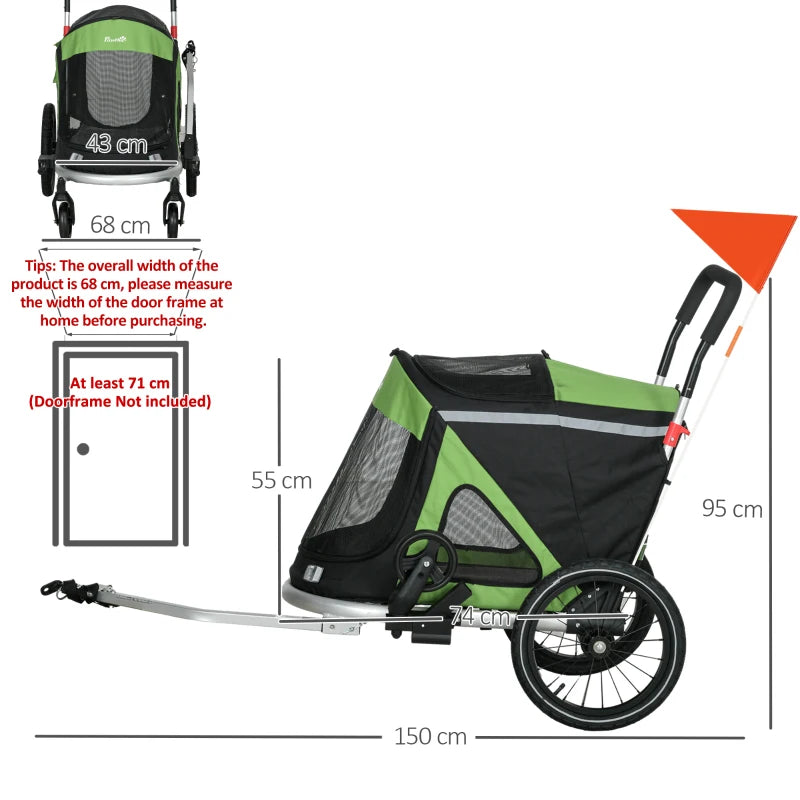 Green 2-in-1 Aluminium Dog Bike Trailer & Pet Stroller for Medium Dogs