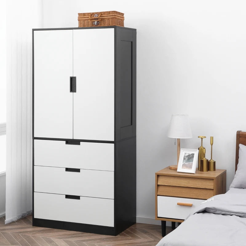 Black Modern 2-Door Wardrobe with 3 Drawers and Hanging Rod