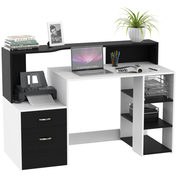 Modern Black and White Computer Desk with Drawers and Storage Shelves