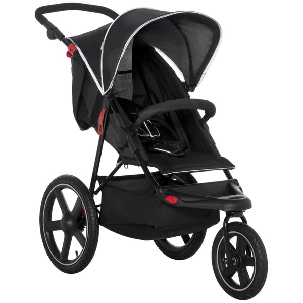 Black Foldable 3-Wheel Baby Stroller with Canopy & Storage Basket