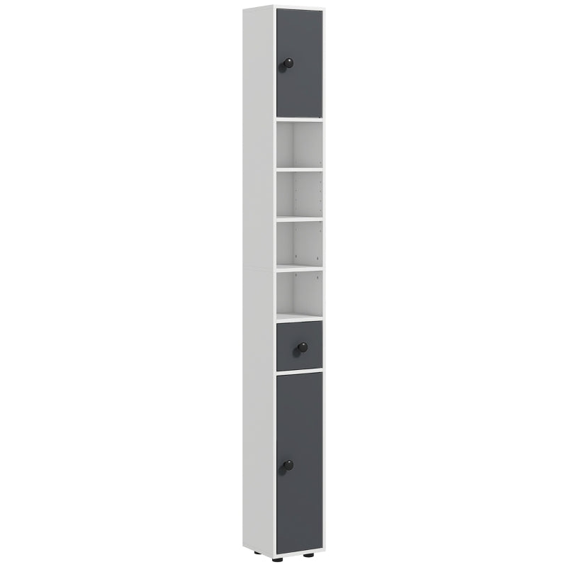 Grey 180cm Slim Bathroom Storage Cabinet with Drawer, Shelves, and Cupboards