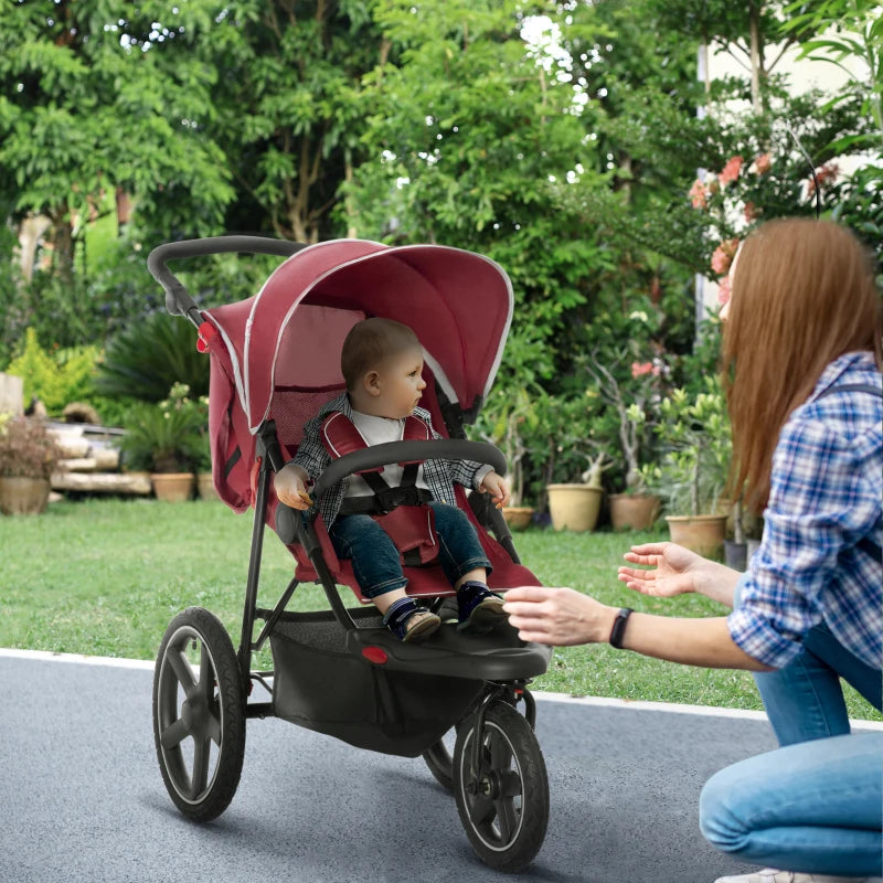 Red Foldable 3-Wheel Baby Stroller with Canopy and Storage Basket