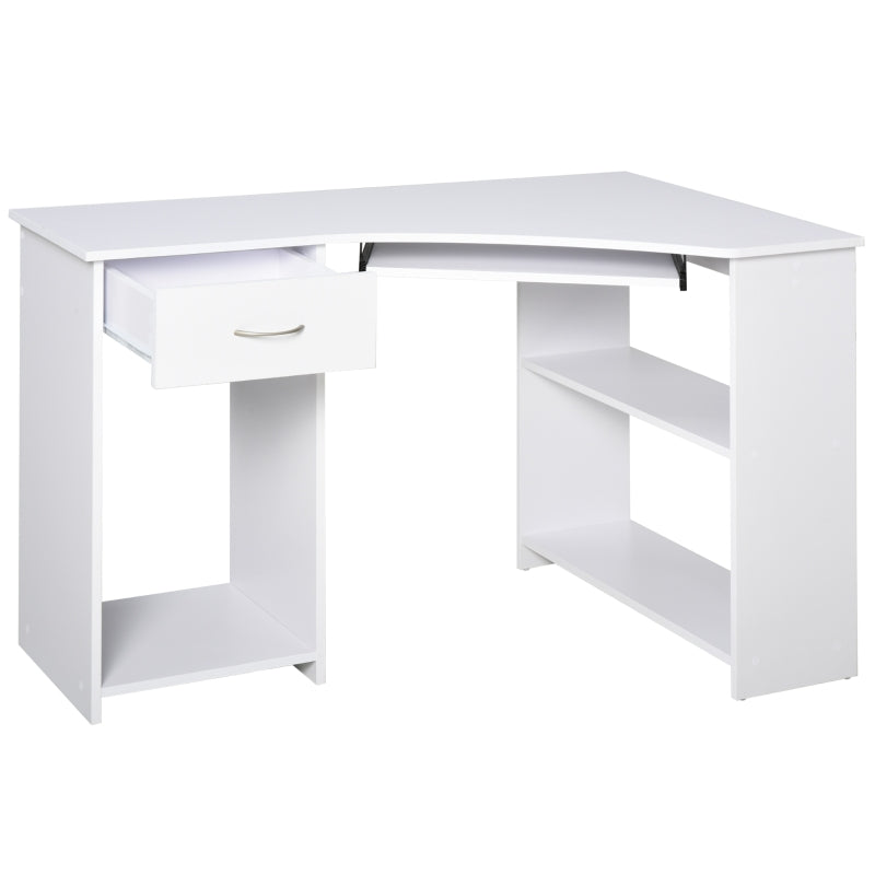 White L-Shaped Computer Desk with Shelves & Drawer