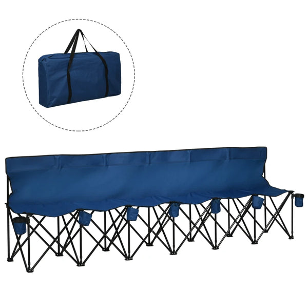 Blue 6-Seater Folding Outdoor Bench with Steel Frame and Cup Holder