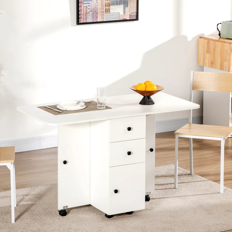 White Folding Dining Table with Storage Drawers and Wheels