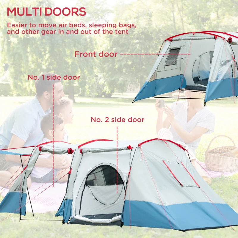 Blue 6-8 Person Tunnel Camping Tent with Bedroom, Living Room, 3 Doors