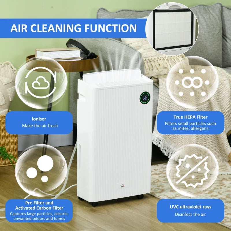 White Portable Dehumidifier with Air Purifier, UVC, Ioniser, 24H Timer, 5 Modes - 16L/Day