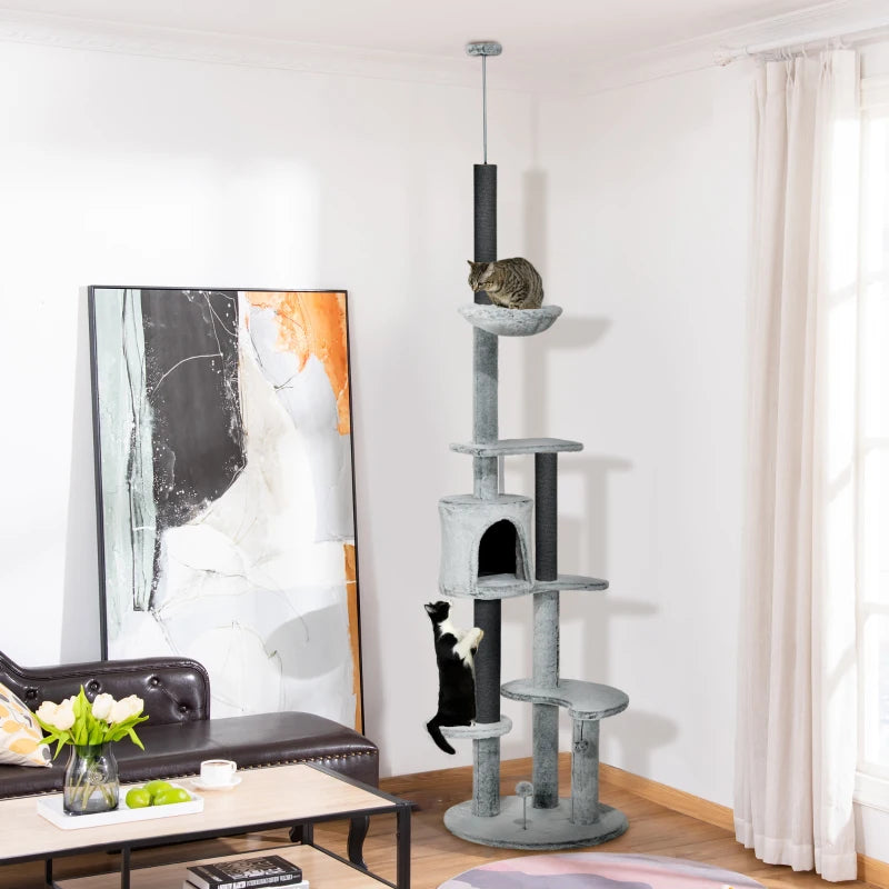 Grey Adjustable Cat Tree with Scratching Posts & Hammock