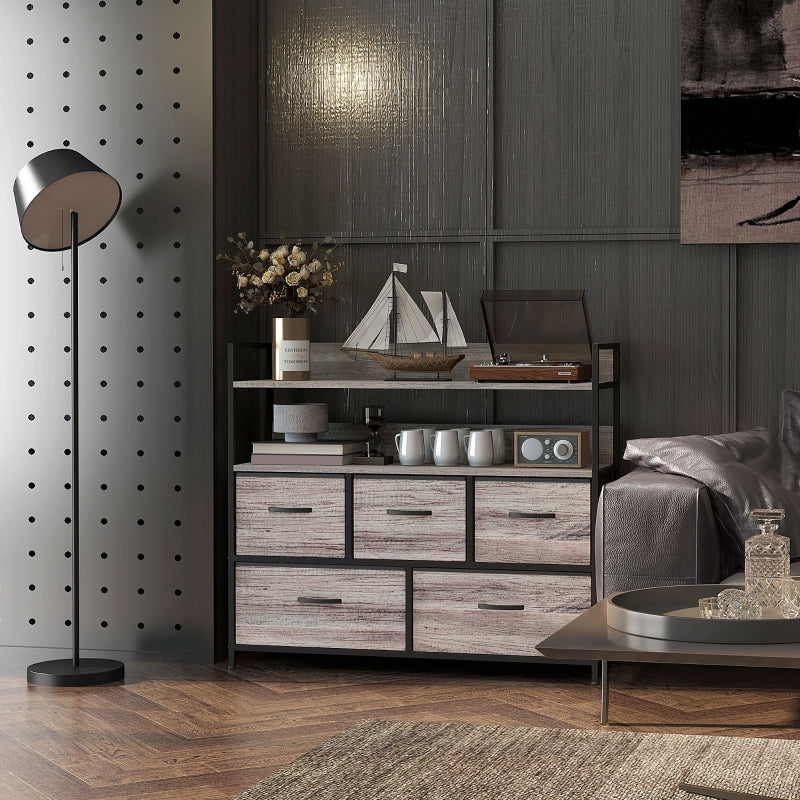 Grey Wood Effect 5-Drawer Rustic Fabric Chest