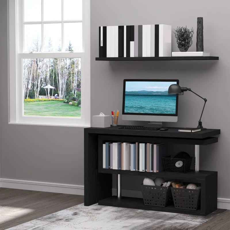 Black L-Shaped Rotating Corner Desk with Storage Shelf