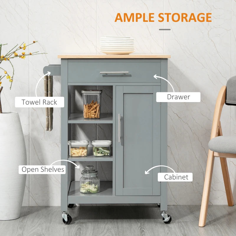 Grey Kitchen Utility Cart with Open Shelf & Drawer