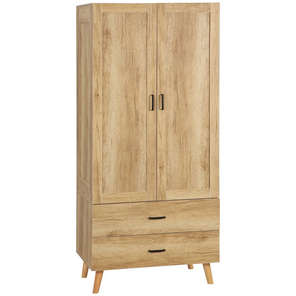 Natural 2-Door Wardrobe with Drawers and Hanging Rail for Bedroom