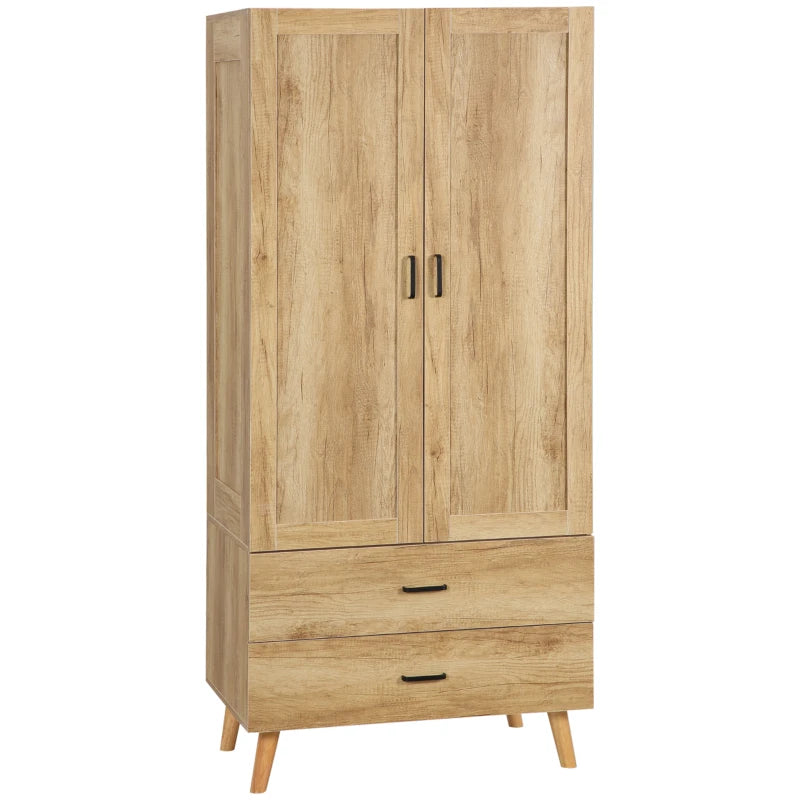 Natural 2-Door Wardrobe with Drawers and Hanging Rail for Bedroom