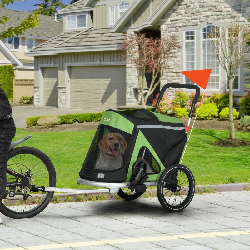 Green 2-in-1 Aluminium Dog Bike Trailer & Pet Stroller for Medium Dogs