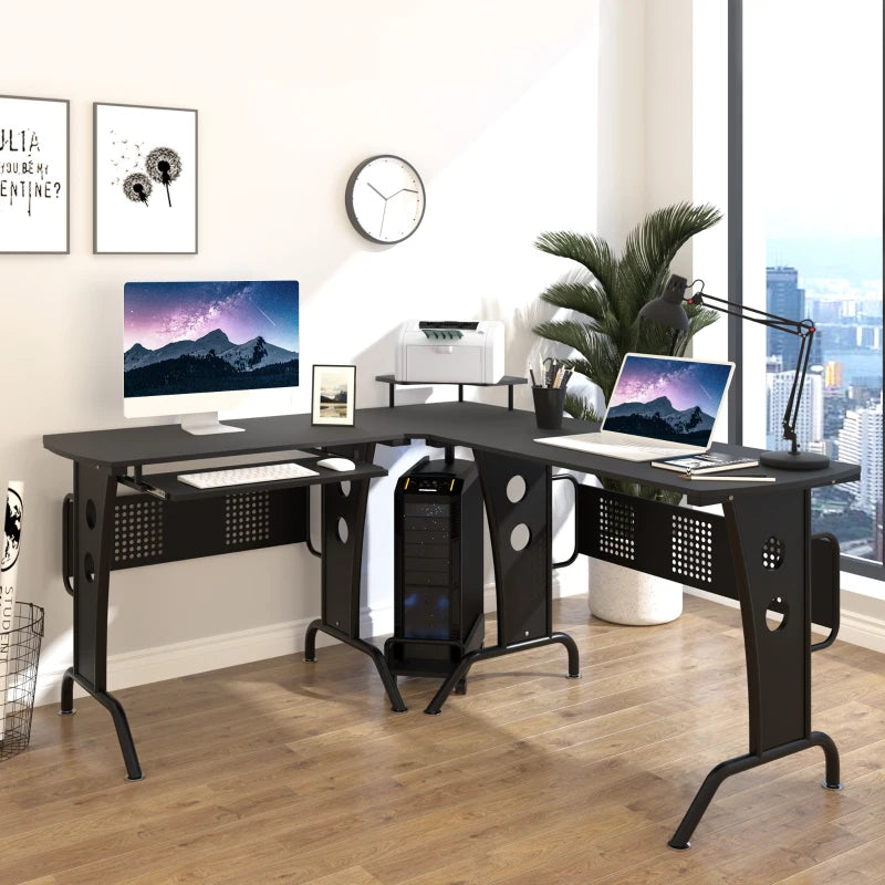 Black L-Shaped Gaming Desk with Steel Frame and CPU Rack